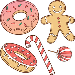 Cute Holiday Dessert Set Featuring Donuts, Gingerbread, and Candy Cane Vector
