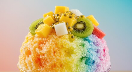 Treat yourself to a colorful shaved ice dessert topped with fresh mango, kiwi, and passion fruit for a refreshing summer snack that tastes as good as it looks