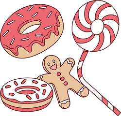 Cute Holiday Dessert Set Featuring Donuts, Gingerbread, and Candy Cane Vector