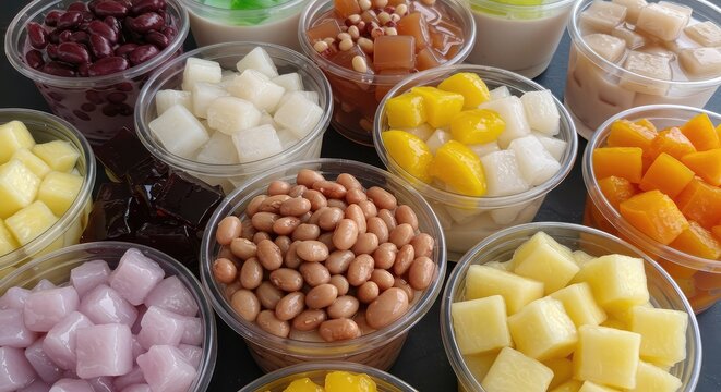Delicious array of Vietnamese sweet dessert in clear cups, perfect for vibrant food blogs, cooking tutorials, and colorful cultural celebration campaigns