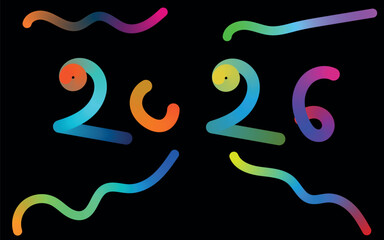 Obraz premium Colorful glowing neon numbers 2026 with abstract wavy lines on black background
