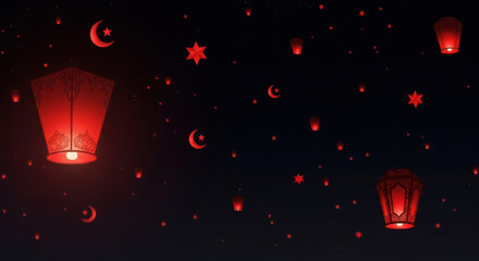 Night sky filled with glowing red chinese lanterns creating a magical celestial display of light and wishes