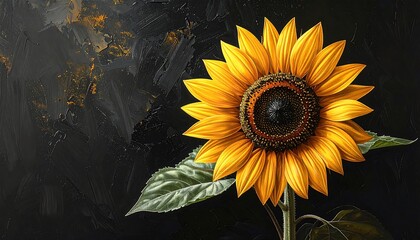 A close-up of a vibrant sunflower, painted against a dark, textured background. Bright yellow petals radiate from a detailed dark center. Leaves on the stem