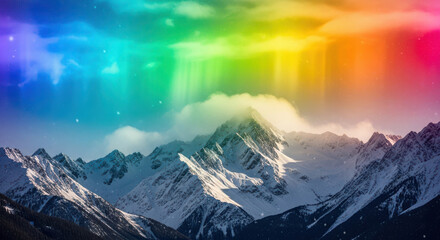 Vibrant rainbow sky over snowy mountain peaks ethereal light display atmospheric wonder