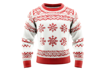White Christmas sweater with red snowflake and ornament motifs.
