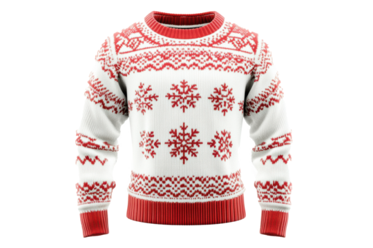 White Christmas sweater with red snowflake and ornament motifs.
