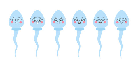 Set of cute cartoon emojis with sperm in glasses. Sperm characters with emotions, happy, sad, cheerful. Vector illustration.