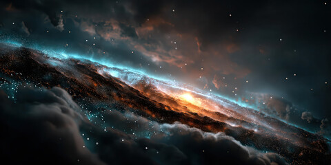 A breathtaking, dark space vista: a luminous spiral galaxy shines above dramatic, brooding clouds. created by ai