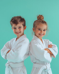 Two smiling kids in white karate uniforms on turquoise background