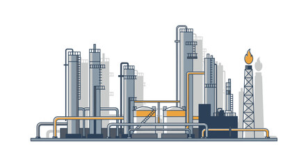 Modern outline illustration of an oil and gas processing plant with storage tanks and pipelines isolated on a white background
