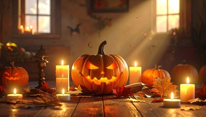 A central lit jack-o'-lantern surrounded by candles & pumpkins on a wooden table. Autumn leaves add to the scene inside a room with sunlight