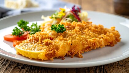 A close-up captures a crispy fried fillet served with a lemon wedge, a small salad, and a carrot slice on a white plate. The dish rests on a rustic wooden surface