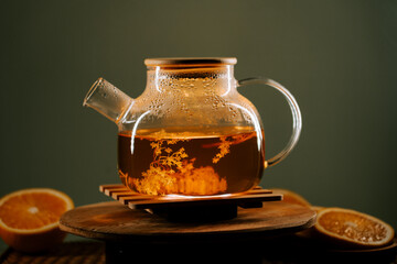 Brewed green tea with citrus slices in a clear pot on a wooden tray