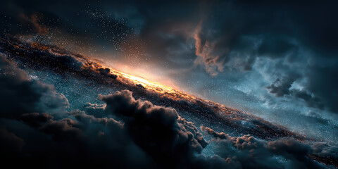 A breathtaking, dark space vista: a luminous spiral galaxy shines above dramatic, brooding clouds. created by ai