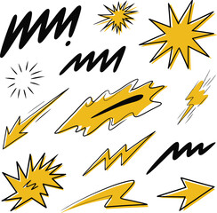 Collection of dynamic hand-drawn comic style burst shapes and abstract lines