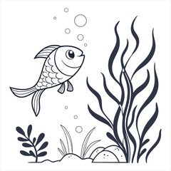 Cute Fish Swimming Underwater with Seaweed Simple Line Art Illustration