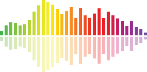 Colorful rainbow sound equalizer bars with smooth reflection on white background. Modern audio wave spectrum design ideal for music, DJ, and digital visuals. Vibrant abstract rhythm vector illustratio