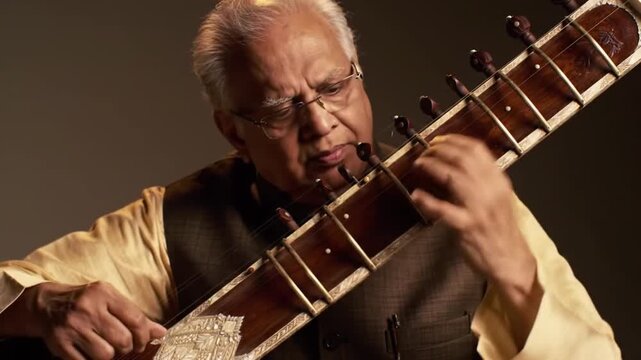 Elderly musician expertly playing a sitar in a dimly lit studio, showcasing deep concentration and artistry
