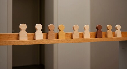 A diverse group of wooden peg dolls in varying skin tones arranged on a shelf.