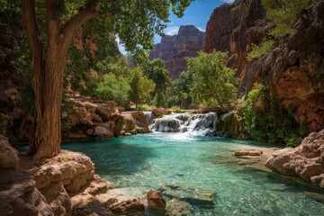 Serenity of Little Navajo Falls Cascading into Turquoise Havasu Creek in Arizona's Grand Canyon Landscape
