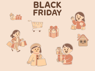 A cute Black Friday illustration featuring cheerful shoppers with bags and gifts, shopping carts, and festive icons in warm beige and brown tones, perfect for holiday sale posters and