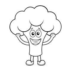 Cheerful cartoon broccoli stands with a big smile, raising both hands high in excitement. Its fluffy green top and friendly eyes make it a fun and lively coloring page.
