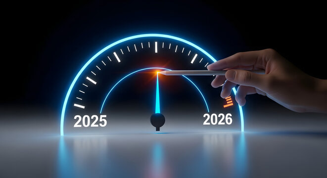 2026 a hand adjusts a dial on a glowing speedometerlike gauge, with the needle pointing towards 2026, signifying progress and the arrival of the new year