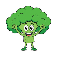 Cheerful cartoon broccoli with a big smile and wide eyes, raising his hands in excitement like he’s celebrating something fun and healthy, radiating joyful veggie vibes.
