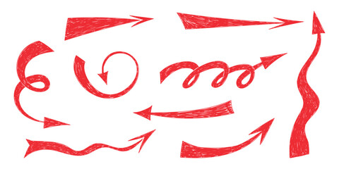 Hand drawn crayon movement arrow collection. Grunge squiggly arrow set. Pencil chalk lines sketch. Red brush scribble element set. Doodle vector illustration.