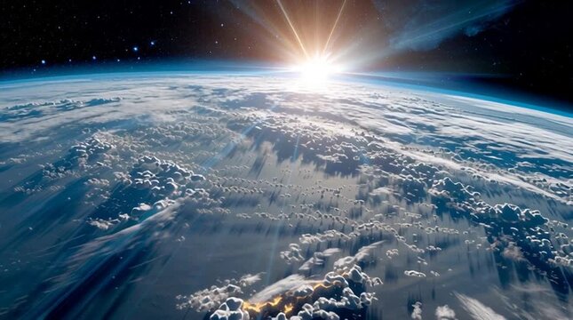 A global AI precisely balancing the Earth's climate, visualized as a majestic sunrise from space.