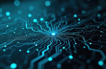 Abstract digital circuit board with glowing blue lines and dots. Electronic tech background for tech articles or presentations. Ideal image for website design, data science or tech startup.