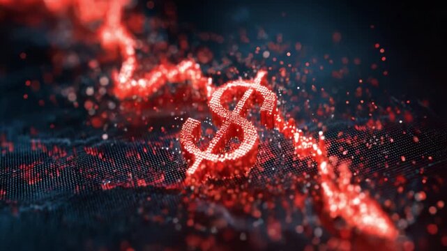 A Dynamic Visualization of Financial Trends with a Shimmering Dollar Sign Against a Vivid Red Background, Illustrating Market Fluctuations and Economic Data Analysis