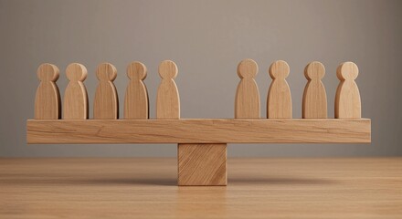 Wooden figures on a balance beam, representing equality and balance.