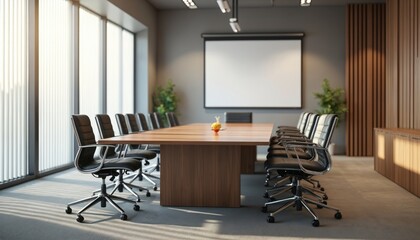 Modern empty corporate meeting room interior with large wooden table, comfortable black leather office chairs. Sunlight streams through big windows with vertical blinds. White projection screen