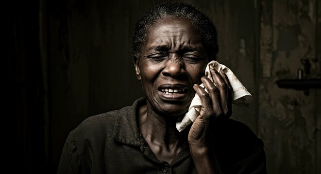 Distressed black woman wiping tears with cloth in dimly lit room   - Powered by Adobe