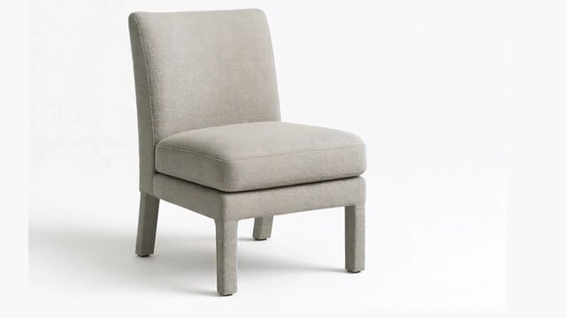 Circular rotation animation of a gray fabric chair on a white background. A mid-century modern wooden-frame chair showcased in a 3D turntable render,armchair isolated on white