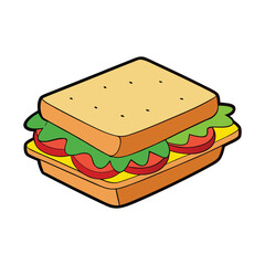 A fun sandwich coloring page featuring stacked bread slices, crisp lettuce, cheese, tomato, and deli layers. Simple outlines invite kids to color each tasty detail creatively.
