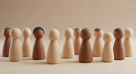 Wooden peg dolls of various skin tones, representing diversity and inclusion on a neutral background.