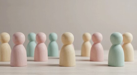 A group of pastel-colored wooden peg dolls arranged in a scattered pattern on a neutral surface.