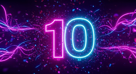 Neon number 10 in vibrant pink and blue light on dark background  