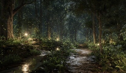 Obraz premium Nighttime forest path, glowing insects