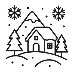 Simple black and white winter illustration showing house mountains pine trees and snowflakes outline, ideal for seasonal artwork, greeting cards and decorative design projects