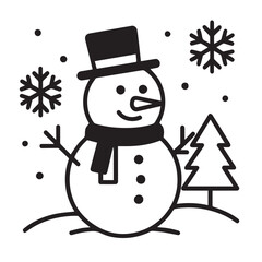 Simple black and white winter illustration showing snowman with hat scarf pine trees and snowflakes outline, perfect for seasonal artwork, greeting cards and decorative designs