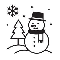 Simple black and white winter illustration showing snowman with hat scarf pine tree and snowflake outline, perfect for seasonal artwork, greeting cards and decorative design projects