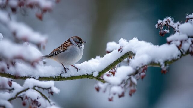 A Charming Winter Scene Featuring a Small Sparrow Nestled on a Snow-Covered Branch, Surrounded by Delicate Snowflakes and Winter's Silent Beauty