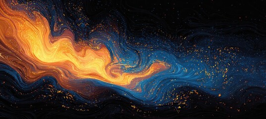 Abstract swirling paint explosion in fiery oranges and blues