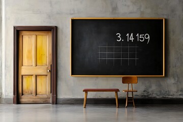 Pi day Mathematical lesson in a classroom blackboard with grid educational environment minimalist viewpoint
