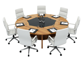 Office desk with chairs and table isolated on white or transparent background