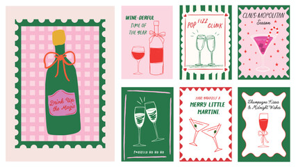 Colorful Christmas and Happy New Year poster set. Fun hand-drawn cocktail-inspired prints with champagne, martini, prosecco, wine, and festive quotes perfect for Home, party decor and T-shirt Graphics