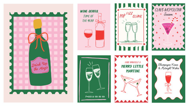 Colorful Christmas and Happy New Year poster set. Fun hand-drawn cocktail-inspired prints with champagne, martini, prosecco, wine, and festive quotes perfect for Home, party decor and T-shirt Graphics